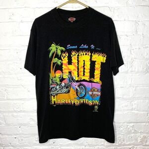 Vintage 90s Harley Davidson "Some Like‎ It HOT" Fun Wear Neon T-Shirt Tee Size M